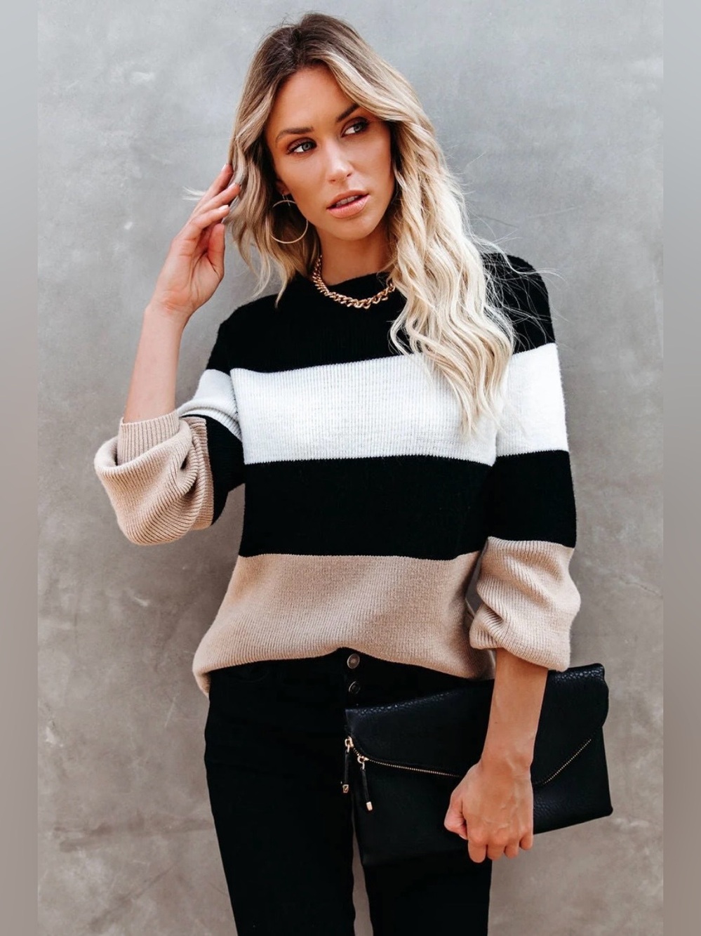 VICI Women’s Black Cream & Tan Colorblock Crewneck Sweater Size S